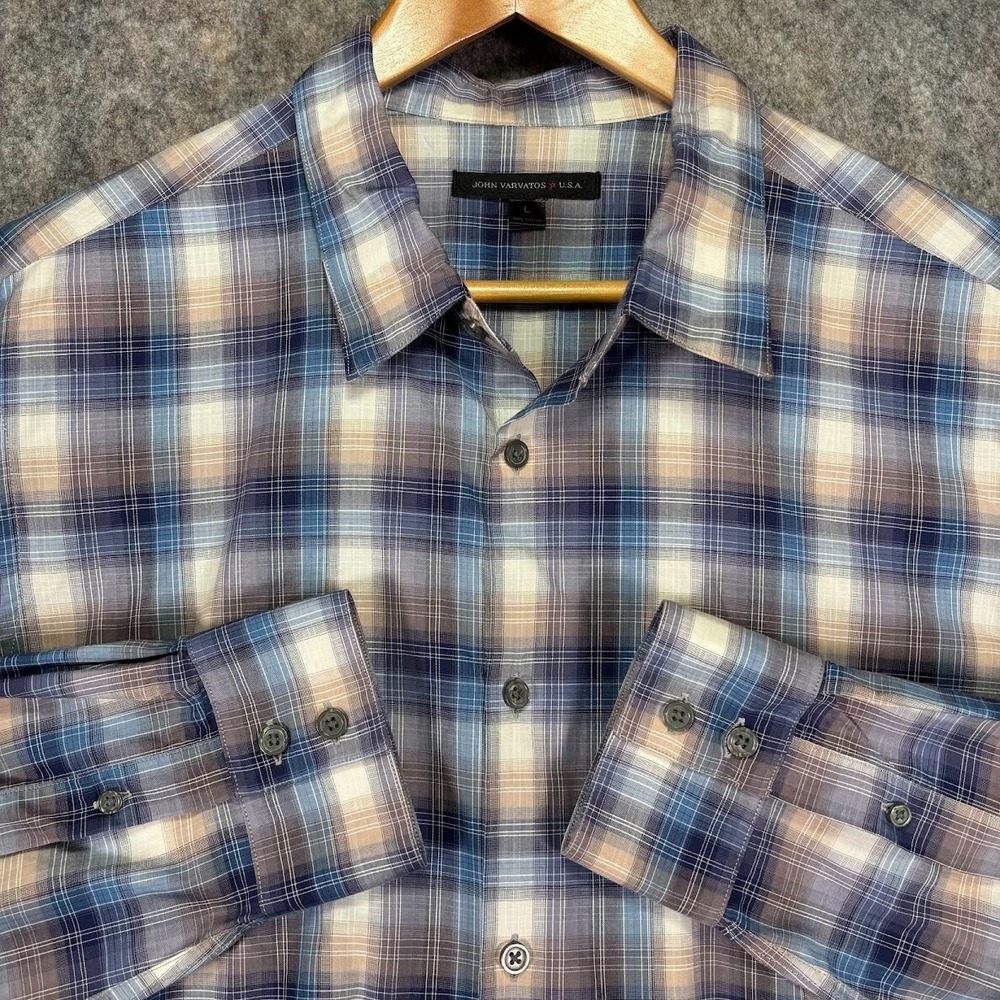 John Varvatos Mens Shirt Plaid Plaid‎ Button Up Blue Gray Long Sleeve Luxury